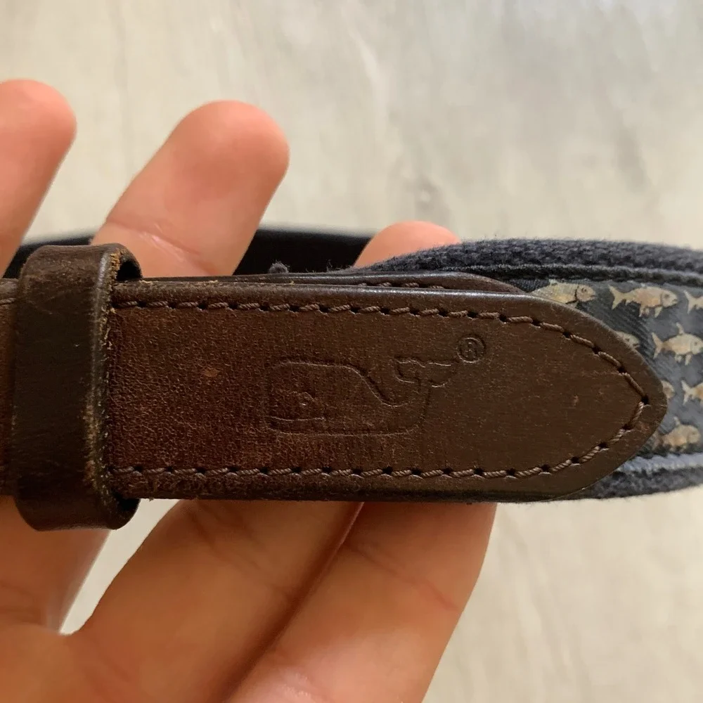 Vineyard Vines Boys‎ Navy Blue Fish Canvas Leather Club Belt Size 28 Made in USA